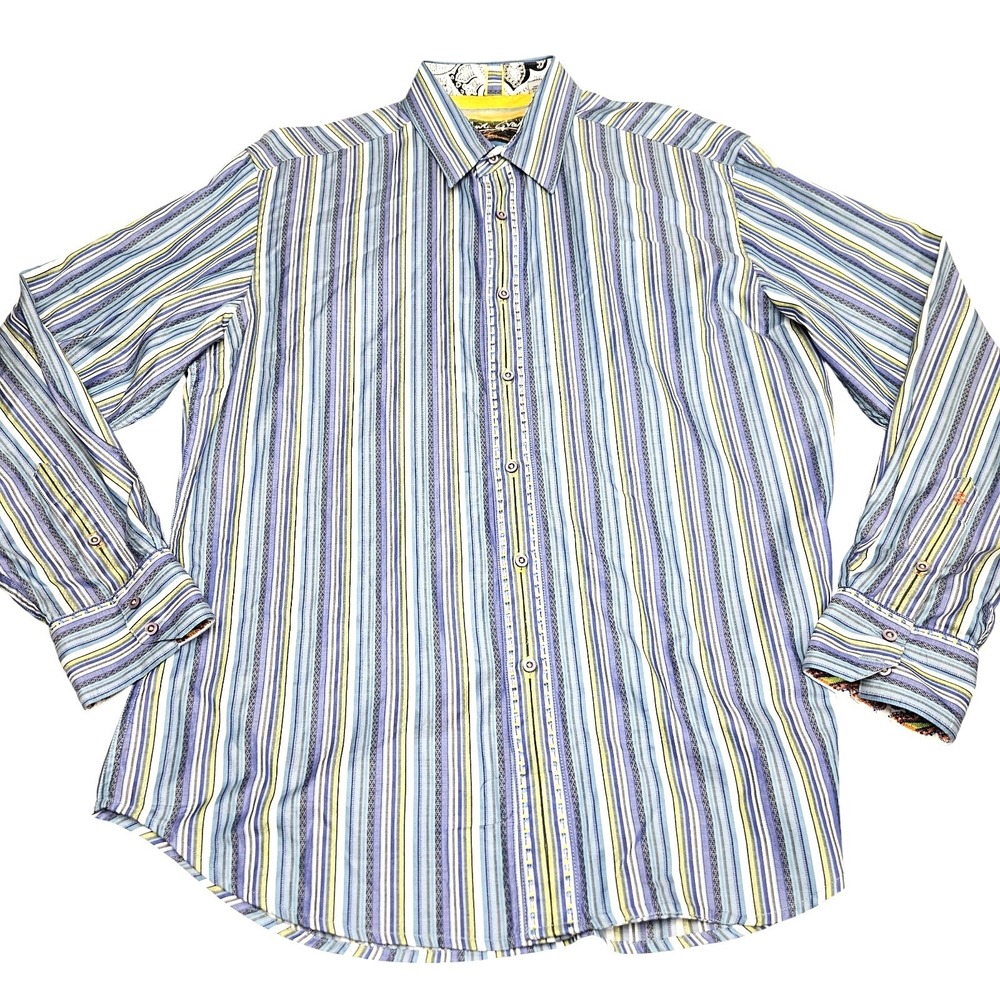 Robert Graham Button Down Mens Large Blue Green Striped Long Sleeve Luxury Shirt